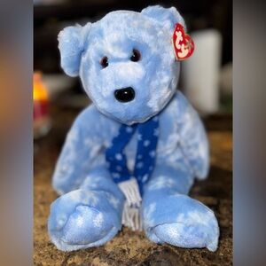 🐻 Large 1999 Holiday Teddy Beanie Buddy • Ty Official Club Snowflake Blue Bear